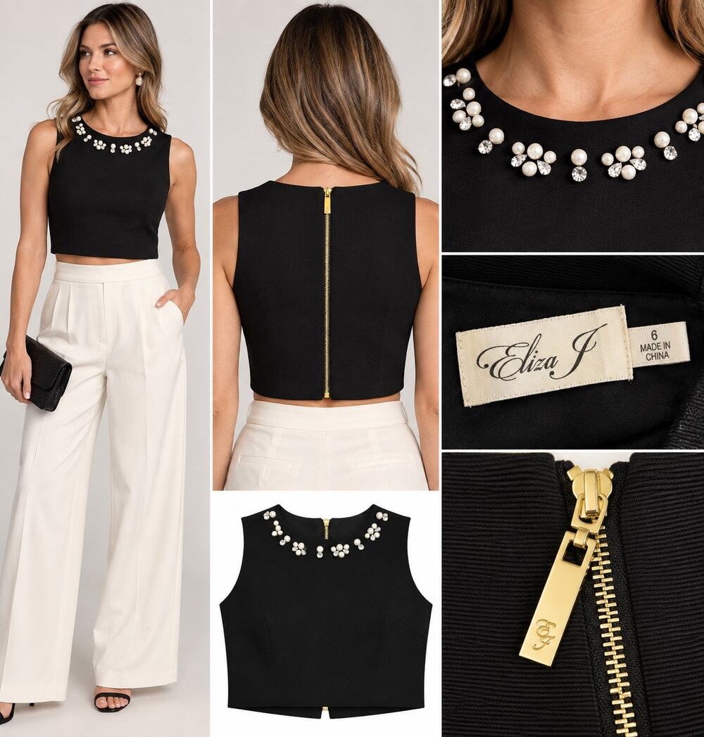 Eliza J Embellished Black Crop Top Size 6